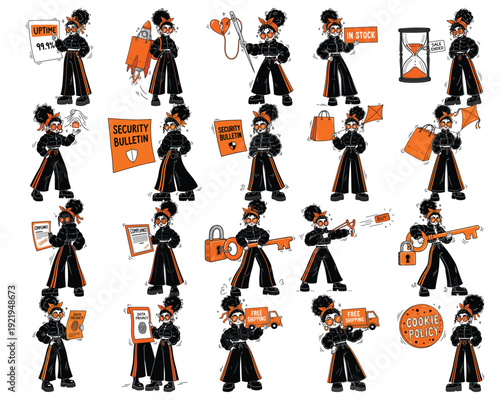 Business and finance illustrations in black and orange, showing concepts like uptime, security bulletins, free shipping, and cookie policies.
