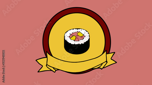 A cartoon image of sushi roll within a golden frame on a salmon-colored backdrop