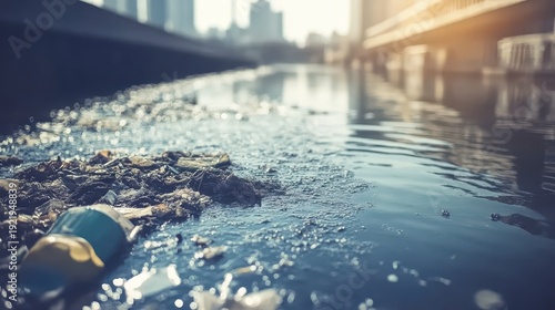 Industrial Waste Fouling Urban Canal Water with City Skyline in Background