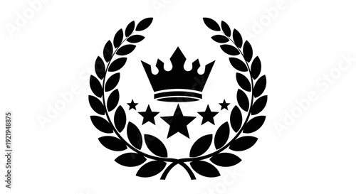 Elegant Black Crown and Stars in Laurel Wreath isolated white background