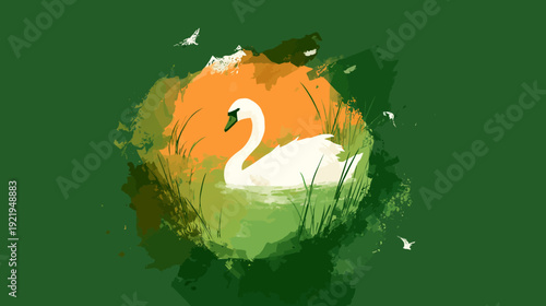 A white swan floats in a stylized pond surrounded by green brushstrokes, with birds flying nearby