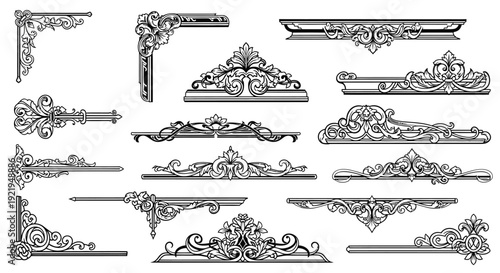 Set of black ornate vintage decorative corners and border elements, elegant frames on isolated white background.