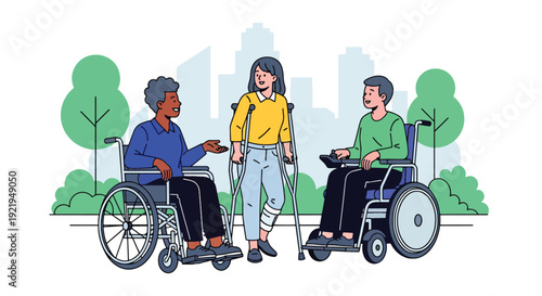 Modern vector illustration of diverse disabled people using wheelchairs and mobility aids in public park, flat solid color style highlighting inclusion, accessibility and equal community participation