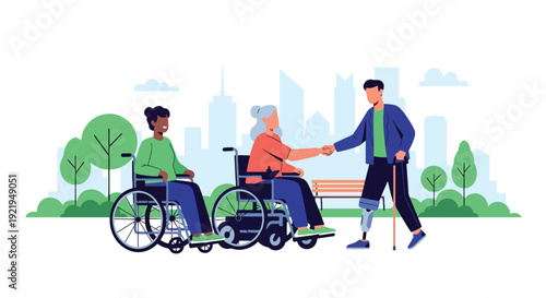 Modern vector illustration of diverse disabled people using wheelchairs and mobility aids in public park, flat solid color style highlighting inclusion, accessibility and equal community participation