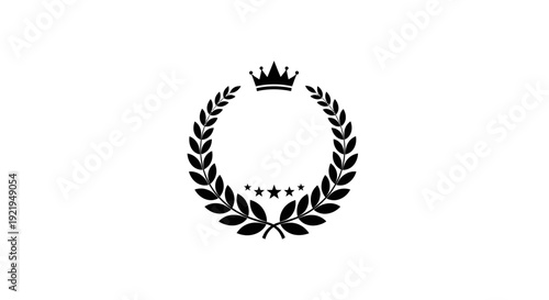 Solid Black Crown and Laurel Wreath with Five Stars Emblem on Isolated White Background