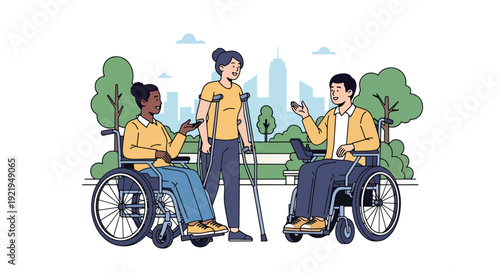 Modern vector illustration of diverse disabled people using wheelchairs and mobility aids in public park, flat solid color style highlighting inclusion, accessibility and equal community participation