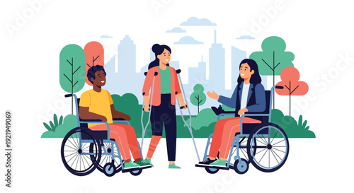 Modern vector illustration of diverse disabled people using wheelchairs and mobility aids in public park, flat solid color style highlighting inclusion, accessibility and equal community participation