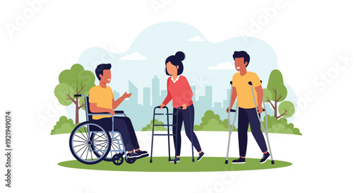 Modern vector illustration of diverse disabled people using wheelchairs and mobility aids in public park, flat solid color style highlighting inclusion, accessibility and equal community participation