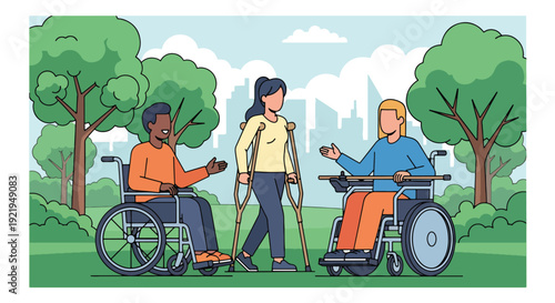 Modern vector illustration of diverse disabled people using wheelchairs and mobility aids in public park, flat solid color style highlighting inclusion, accessibility and equal community participation