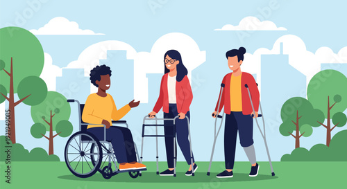 Modern vector illustration of diverse disabled people using wheelchairs and mobility aids in public park, flat solid color style highlighting inclusion, accessibility and equal community participation