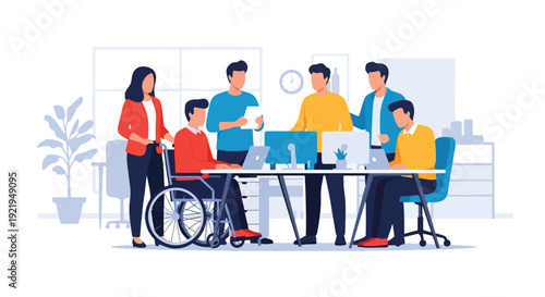 Modern vector illustration of wheelchair user working at office desk with colleagues in flat solid color style promoting workplace inclusion, equal opportunity and professional diversity
