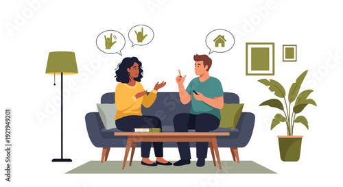 Modern vector illustration of deaf couple communicating using sign language at home in flat solid color style representing accessible communication, understanding and social inclusion