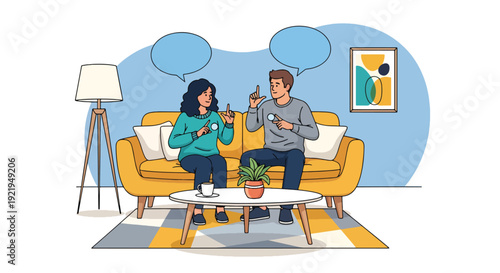 Modern vector illustration of deaf couple communicating using sign language at home in flat solid color style representing accessible communication, understanding and social inclusion