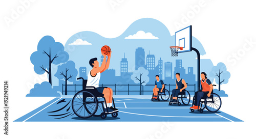 Modern vector illustration of wheelchair athlete playing basketball on outdoor court in flat solid color style celebrating adaptive sports, strength and empowerment for disabled people
