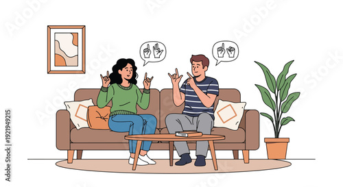 Modern vector illustration of deaf couple communicating using sign language at home in flat solid color style representing accessible communication, understanding and social inclusion