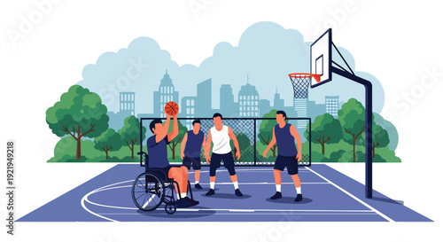 Modern vector illustration of wheelchair athlete playing basketball on outdoor court in flat solid color style celebrating adaptive sports, strength and empowerment for disabled people