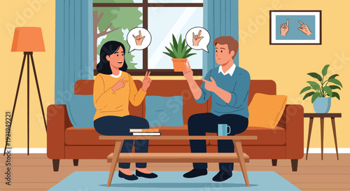 Modern vector illustration of deaf couple communicating using sign language at home in flat solid color style representing accessible communication, understanding and social inclusion