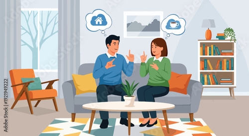 Modern vector illustration of deaf couple communicating using sign language at home in flat solid color style representing accessible communication, understanding and social inclusion