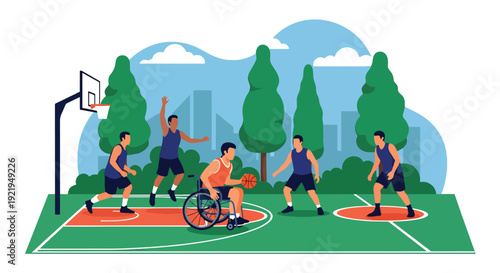 Modern vector illustration of wheelchair athlete playing basketball on outdoor court in flat solid color style celebrating adaptive sports, strength and empowerment for disabled people