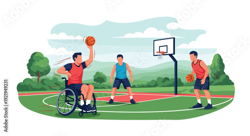 Modern vector illustration of wheelchair athlete playing basketball on outdoor court in flat solid color style celebrating adaptive sports, strength and empowerment for disabled people