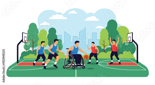 Modern vector illustration of wheelchair athlete playing basketball on outdoor court in flat solid color style celebrating adaptive sports, strength and empowerment for disabled people