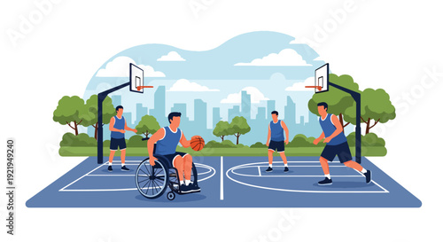 Modern vector illustration of wheelchair athlete playing basketball on outdoor court in flat solid color style celebrating adaptive sports, strength and empowerment for disabled people