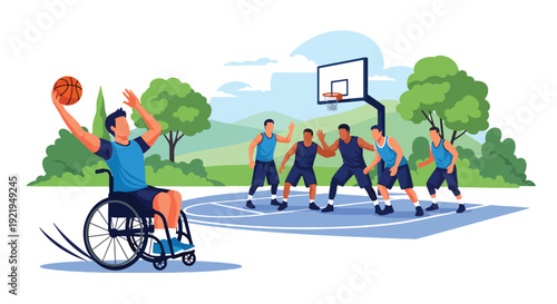 Modern vector illustration of wheelchair athlete playing basketball on outdoor court in flat solid color style celebrating adaptive sports, strength and empowerment for disabled people