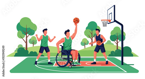 Modern vector illustration of wheelchair athlete playing basketball on outdoor court in flat solid color style celebrating adaptive sports, strength and empowerment for disabled people