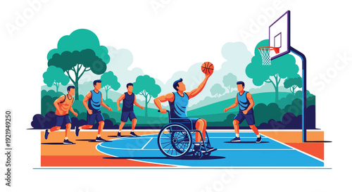 Modern vector illustration of wheelchair athlete playing basketball on outdoor court in flat solid color style celebrating adaptive sports, strength and empowerment for disabled people