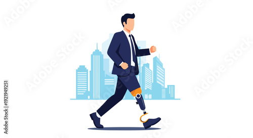 Modern vector illustration of person with prosthetic leg walking confidently in city street in flat solid color style showing resilience, independence and inclusive representation