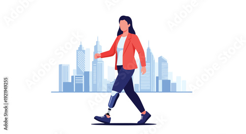 Modern vector illustration of person with prosthetic leg walking confidently in city street in flat solid color style showing resilience, independence and inclusive representation