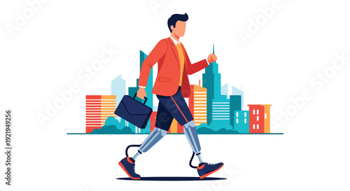Modern vector illustration of person with prosthetic leg walking confidently in city street in flat solid color style showing resilience, independence and inclusive representation