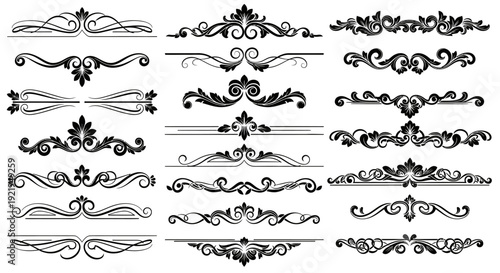 Extensive Collection of Ornate Vintage Calligraphic Dividers and Decorative Scroll Frames, Elegant Design Elements on Isolated White Background