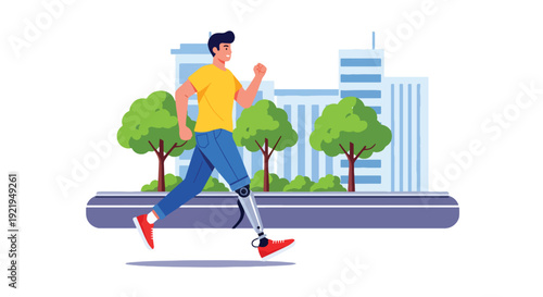Modern vector illustration of person with prosthetic leg walking confidently in city street in flat solid color style showing resilience, independence and inclusive representation
