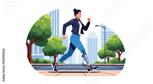 Modern vector illustration of person with prosthetic leg walking confidently in city street in flat solid color style showing resilience, independence and inclusive representation