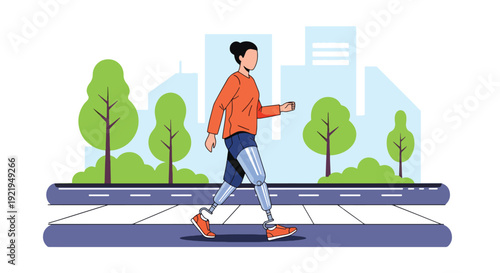 Modern vector illustration of person with prosthetic leg walking confidently in city street in flat solid color style showing resilience, independence and inclusive representation