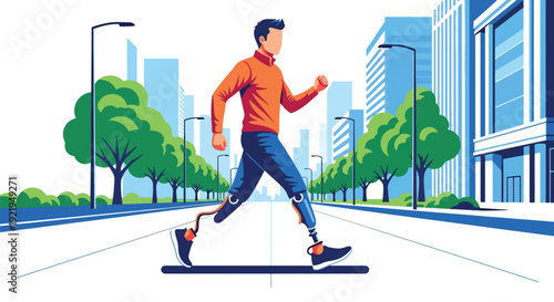 Modern vector illustration of person with prosthetic leg walking confidently in city street in flat solid color style showing resilience, independence and inclusive representation