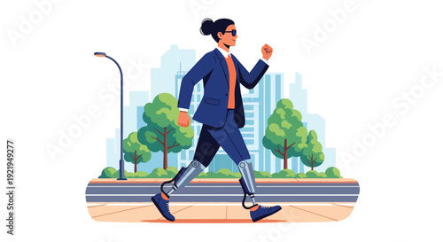 Modern vector illustration of person with prosthetic leg walking confidently in city street in flat solid color style showing resilience, independence and inclusive representation