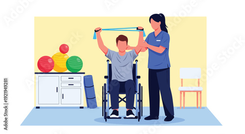 Modern vector illustration of therapist assisting disabled patient with exercise in rehabilitation clinic in flat solid color style highlighting recovery, care and health support concept