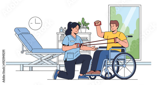 Modern vector illustration of therapist assisting disabled patient with exercise in rehabilitation clinic in flat solid color style highlighting recovery, care and health support concept