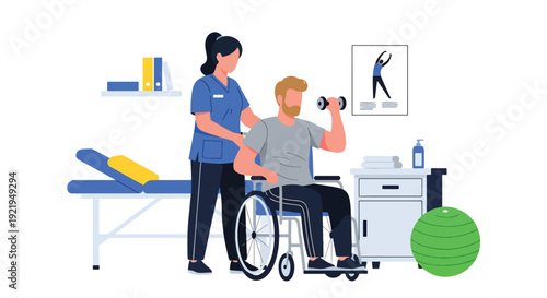 Modern vector illustration of therapist assisting disabled patient with exercise in rehabilitation clinic in flat solid color style highlighting recovery, care and health support concept