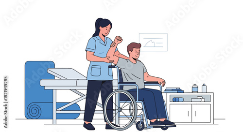 Modern vector illustration of therapist assisting disabled patient with exercise in rehabilitation clinic in flat solid color style highlighting recovery, care and health support concept
