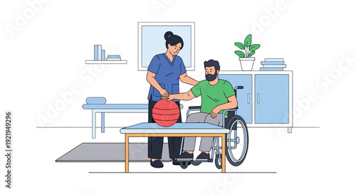 Modern vector illustration of therapist assisting disabled patient with exercise in rehabilitation clinic in flat solid color style highlighting recovery, care and health support concept