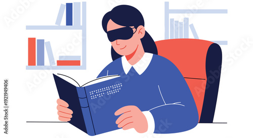 Modern vector illustration of blind person reading braille book at desk in flat solid color style highlighting accessible education, literacy and independence for visually impaired people