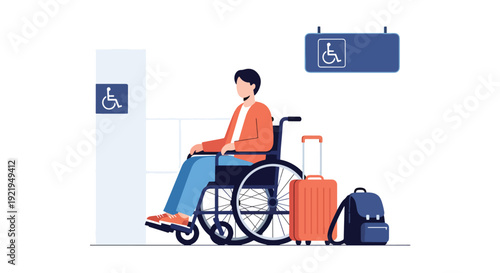 Modern vector illustration of wheelchair traveler navigating airport terminal with luggage and signage in flat solid color style highlighting accessible tourism and independence