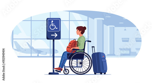 Modern vector illustration of wheelchair traveler navigating airport terminal with luggage and signage in flat solid color style highlighting accessible tourism and independence