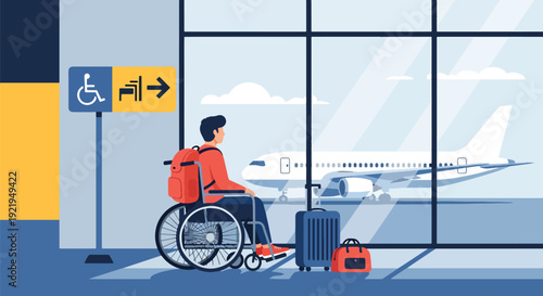 Modern vector illustration of wheelchair traveler navigating airport terminal with luggage and signage in flat solid color style highlighting accessible tourism and independence