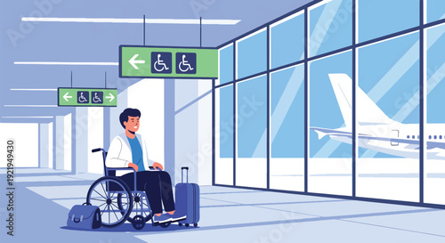 Modern vector illustration of wheelchair traveler navigating airport terminal with luggage and signage in flat solid color style highlighting accessible tourism and independence