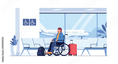 Modern vector illustration of wheelchair traveler navigating airport terminal with luggage and signage in flat solid color style highlighting accessible tourism and independence