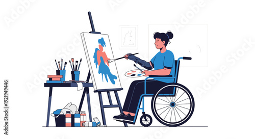 Modern vector illustration of disabled artist painting in studio with adaptive tools in flat solid color style representing creativity, empowerment and artistic expression